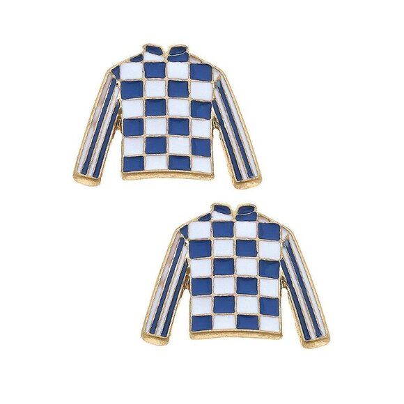 Blue Jockey Silk Enamel Stud Earrings in Blue & White - Picture 1 of 1